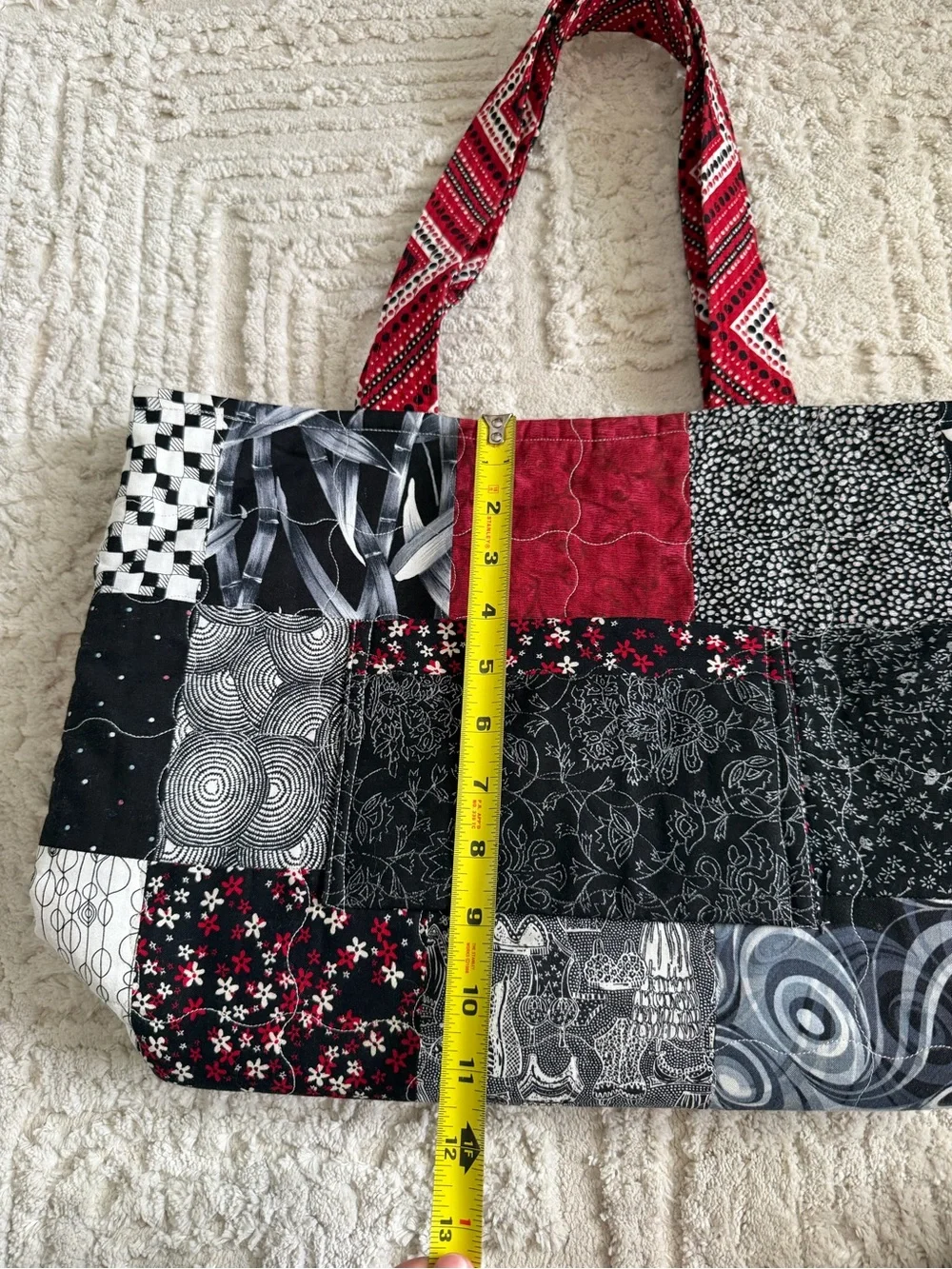 Patchwork Boho Tote Bag Red Black White Mixed Print Eclectic